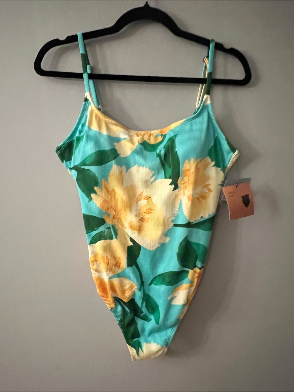 Xhilaration Turquoise, Yellow & Green Floral High-Leg One-Piece